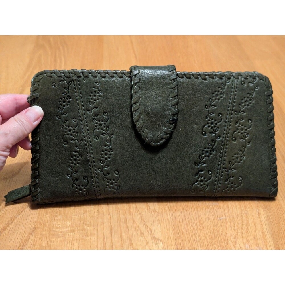 Vtg Womens Embossed Genuine Leather Long Wallet Handbag Clutch Dk Green Western
